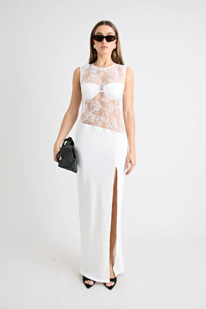 Rozelle Lace Dress in Powder by Pfeiffer, sultry sheer maxi with lace texture and soft drape for holiday or evening style.