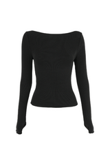 Camden Top Black by Mossman, soft double-layered ribbed jersey with boat neckline and thumb sleeves, perfect for trendy layering and chic day-to-night wear.