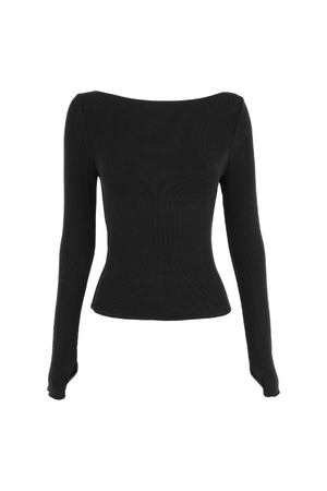Camden Top Black by Mossman, soft double-layered ribbed jersey with boat neckline and thumb sleeves, perfect for trendy layering and chic day-to-night wear.