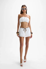 Teddy Skort Pearl by Cin Cin, cotton mini skort with gold bead ties, perfect for resort days or summer outings