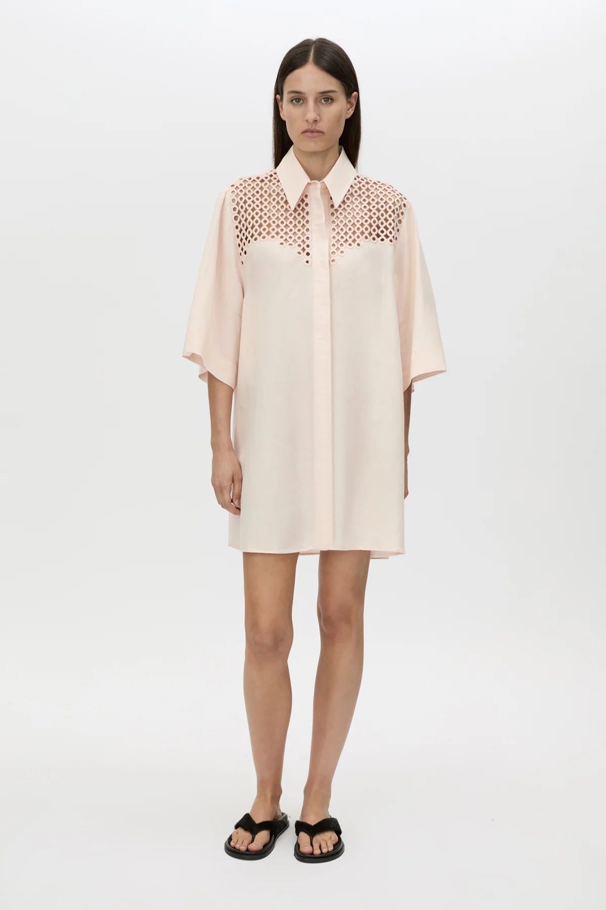 Lolani Dress Soft Pink by Camilla and Marc, linen-blend mini with circular embroidery and relaxed fit, a trendy piece perfect for travel or warm days.