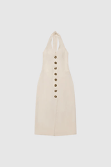 Irida Maxi Dress Ivory by The Wolf Gang – A trendy fitted maxi with halter neckline and gold swirl details, perfect for timeless elegance at special occasions.