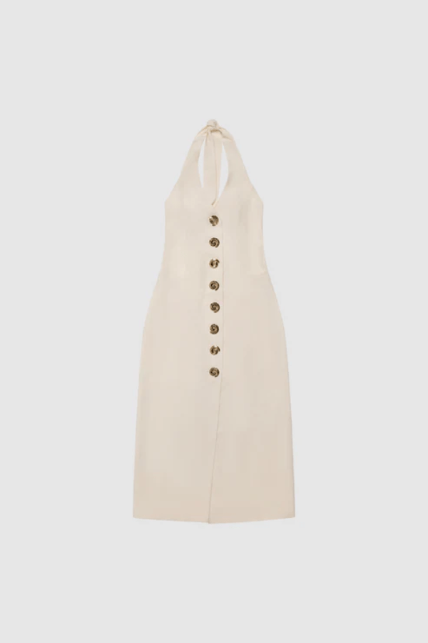 Irida Maxi Dress Ivory by The Wolf Gang – A trendy fitted maxi with halter neckline and gold swirl details, perfect for timeless elegance at special occasions.