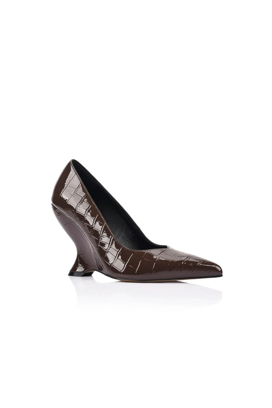 Molly Pump Espresso Croc-Embossed Leather by Lana Wilkinson, pointed toe leather pump with sculptural 10cm heel