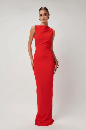 Verona Gown Red by Effie Kats – Stretch-crepe gown with high neckline and ‘90s-inspired fit, made for sleek evening dressing.