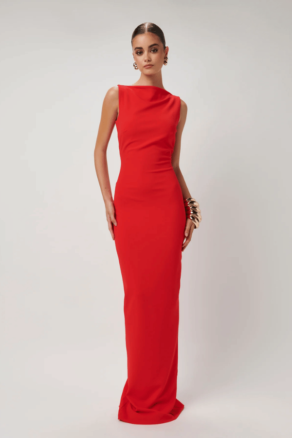 Verona Gown Red by Effie Kats – Stretch-crepe gown with high neckline and ‘90s-inspired fit, made for sleek evening dressing.