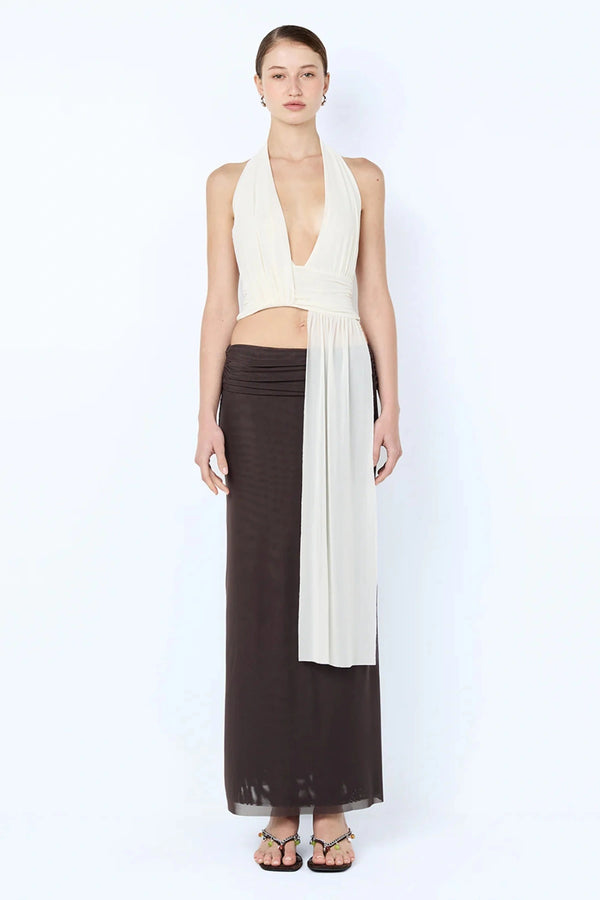 Eva Drape Top by Bec and Bridge, snow white mesh halter top with deep plunge and elegant gathered sash drape.