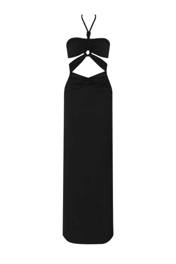 Migramah Black by Maygel Coronel – Draped dress with handmade knot, waist cutout, and shirred hips for flattering fit.