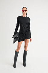 Rule Eight Dress Black by Pfeiffer – A trendy and versatile cotton mini dress with adjustable side ruching, crew neckline, and full sleeves. Perfect for stylish day-to-night wear.