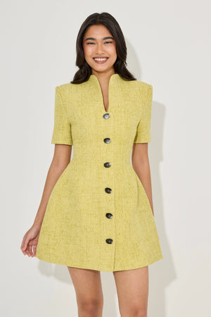 Cotton Mix Boucle Button Dress Chartreuse