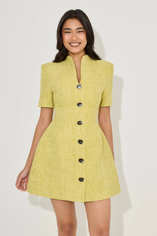 Cotton Mix Boucle Button Dress Chartreuse