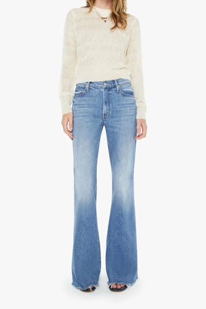 The Doozy Fray Heads or Tails by Mother, high rise flare jeans with frayed hem, perfect for vintage inspired everyday styling