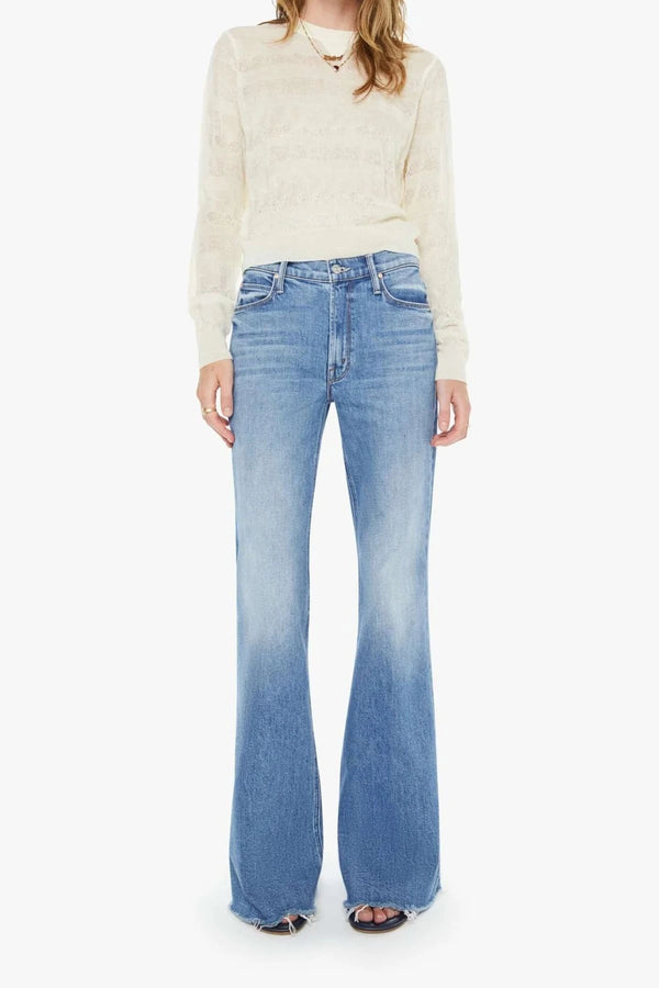 The Doozy Fray Heads or Tails by Mother, high rise flare jeans with frayed hem, perfect for vintage inspired everyday styling