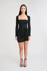 1983 Mini Dress Black by Pfeiffer, square neck mini dress with ruching, perfect for day to night styling