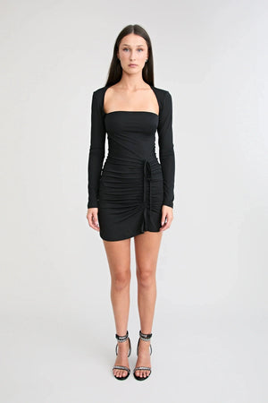 1983 Mini Dress Black by Pfeiffer, square neck mini dress with ruching, perfect for day to night styling