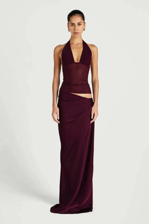 Ira Maxi Dress by Benni, halter mesh and satin maxi dress with chiffon shawl, perfect for evening events
