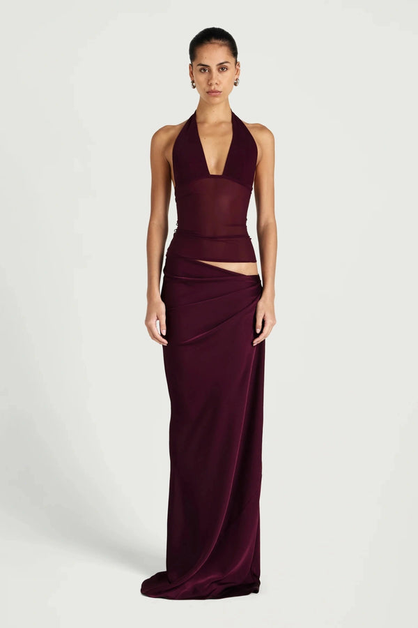 Ira Maxi Dress by Benni, halter mesh and satin maxi dress with chiffon shawl, perfect for evening events