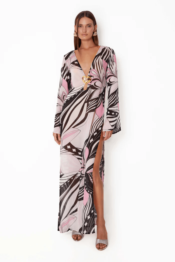 Hotline Heart Maxi Dress Allegro by Cin Cin – A printed column maxi with heart hardware and keyhole cut-out, perfect for artistic soirées, sunset dinners, or statement resort wear.