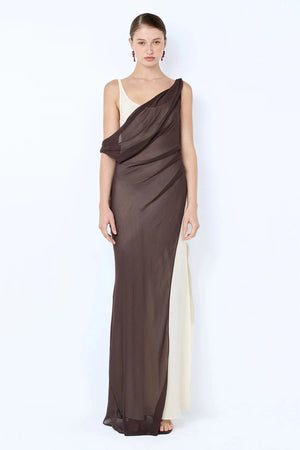 Augustin Asym Maxi Dress by Bec and Bridge, dark chocolate layered maxi with asym neckline and high split.