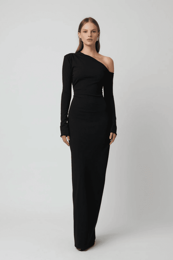 Effie Kats Cayley Gown, an off-shoulder stretch crepe gown with a sleek silhouette and side split for timeless evening elegance.