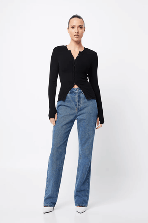 Lyon Cardigan Black by Mossman, soft double-layer ribbed jersey with round neckline and thumb holes, perfect for trendy viral layering and cozy day-to-night style.