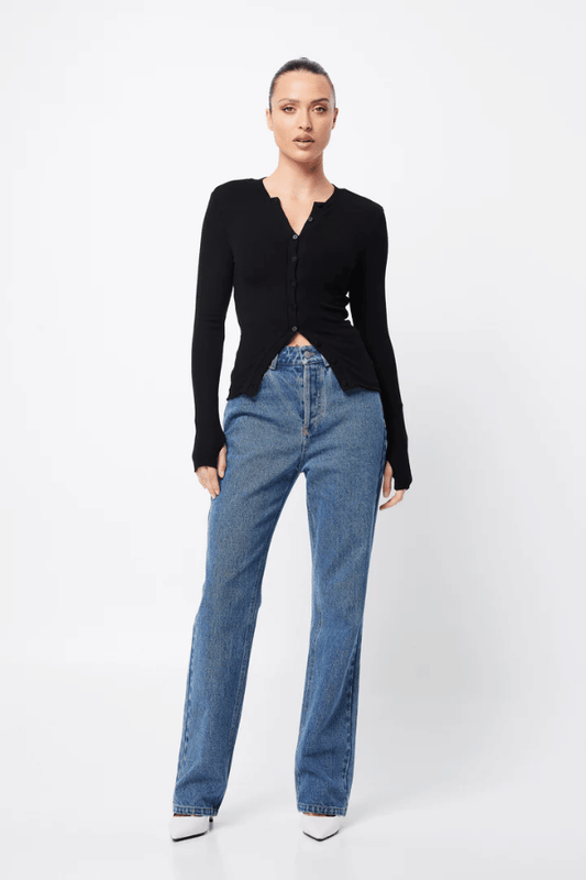 Lyon Cardigan Black by Mossman, soft double-layer ribbed jersey with round neckline and thumb holes, perfect for trendy viral layering and cozy day-to-night style.