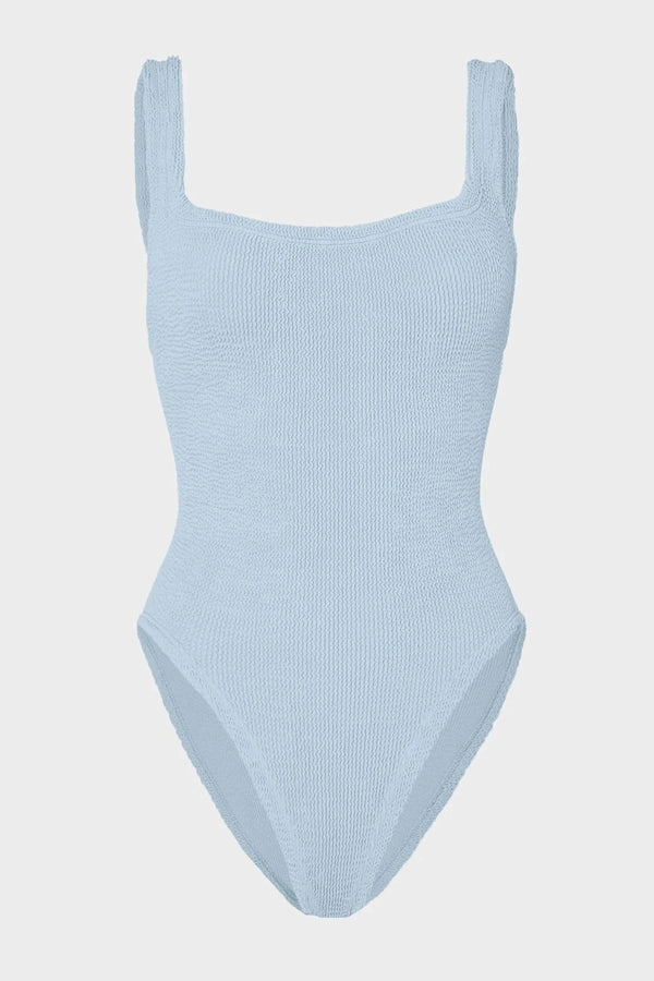 Square Neck Swim Metallic Ice Blue by Hunza G, crinkle one piece swimsuit, perfect for beach or poolside styling