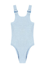 Kids 3-6 Domino Swim Metallic Ice Blue by Hunza G, crinkle swimsuit with hoop detail, perfect for beach days