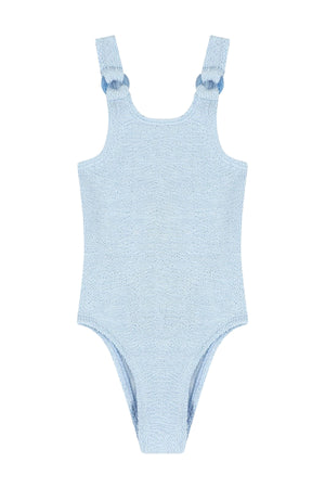 Kids 3-6 Domino Swim Metallic Ice Blue by Hunza G, crinkle swimsuit with hoop detail, perfect for beach days