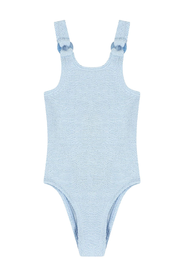 Kids 3-6 Domino Swim Metallic Ice Blue by Hunza G, crinkle swimsuit with hoop detail, perfect for beach days