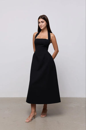 Cotton Mix Halter Midi Dress Black by Odd Muse, structured halter midi dress for timeless evening styling