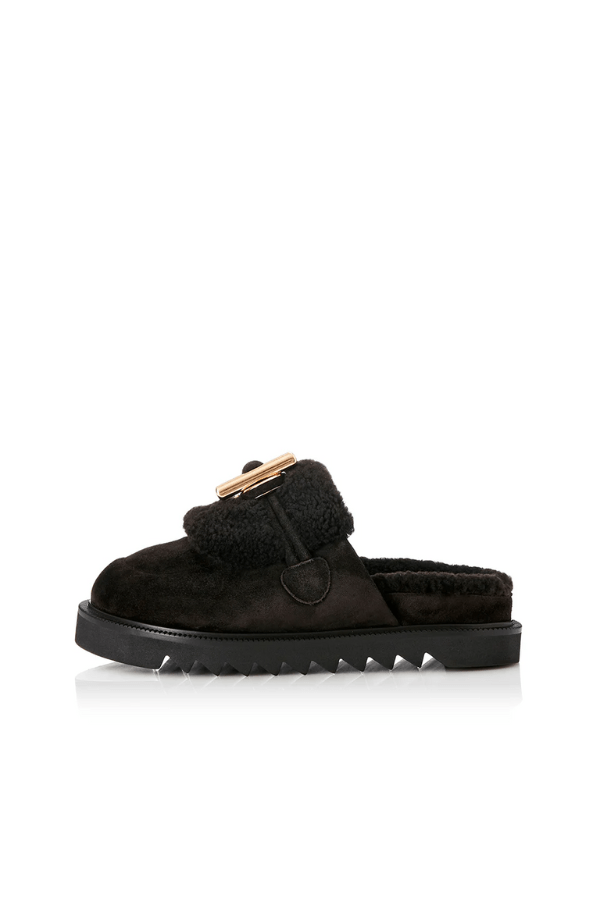 Cedar Black Suede/Shearling by Alias Mae, black suede slides with gold accents and plush shearling for cozy, elevated everyday wear.