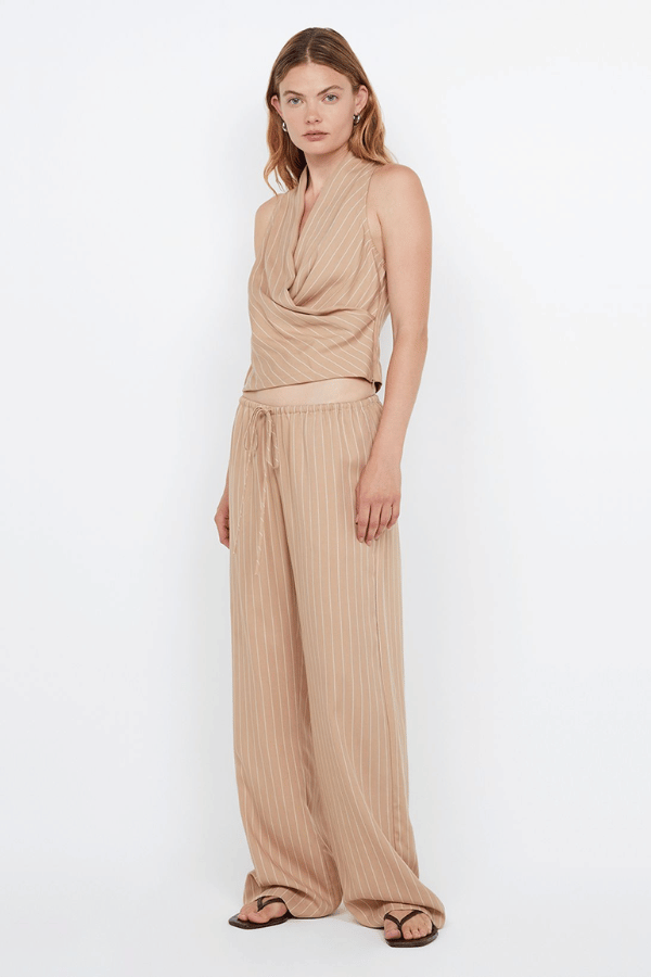Almeria Pant Camel Stripe by Bec + Bridge, relaxed wide-leg with drawstring waist, breathable soft blend, perfect for casual or dressy days.