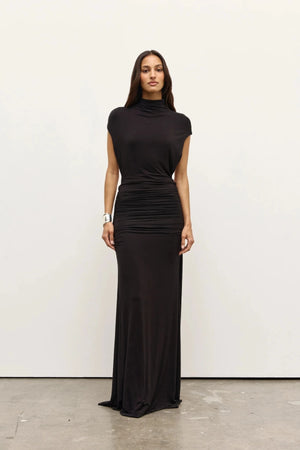 Sera Maxi Dress Shadow by Bayse – draped open back maxi dress with high neckline and sculpted silhouette.