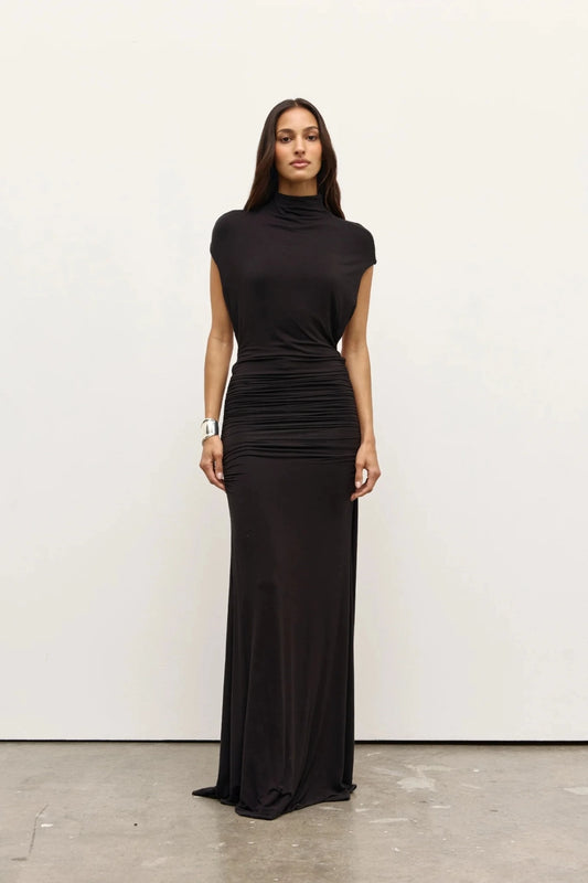 Sera Maxi Dress Shadow by Bayse – draped open back maxi dress with high neckline and sculpted silhouette.