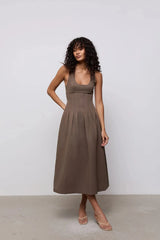 Cotton Mix Cinched Midi Dress Mushroom by Odd Muse, fit and flare dress with boned bodice and full skirt
