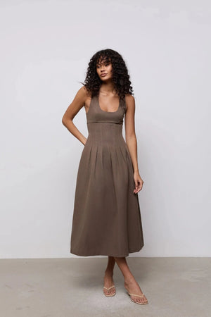 Cotton Mix Cinched Midi Dress Mushroom by Odd Muse, fit and flare dress with boned bodice and full skirt