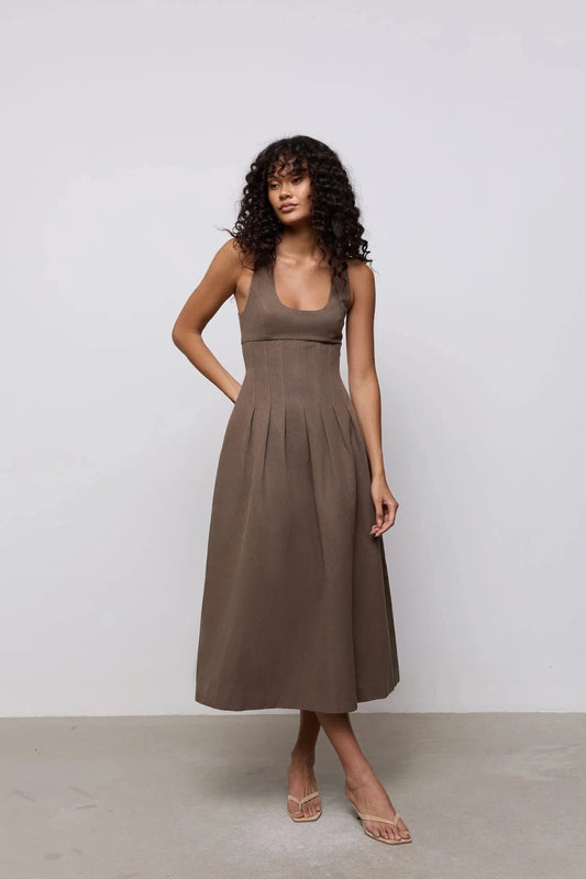 Cotton Mix Cinched Midi Dress Mushroom by Odd Muse, fit and flare dress with boned bodice and full skirt