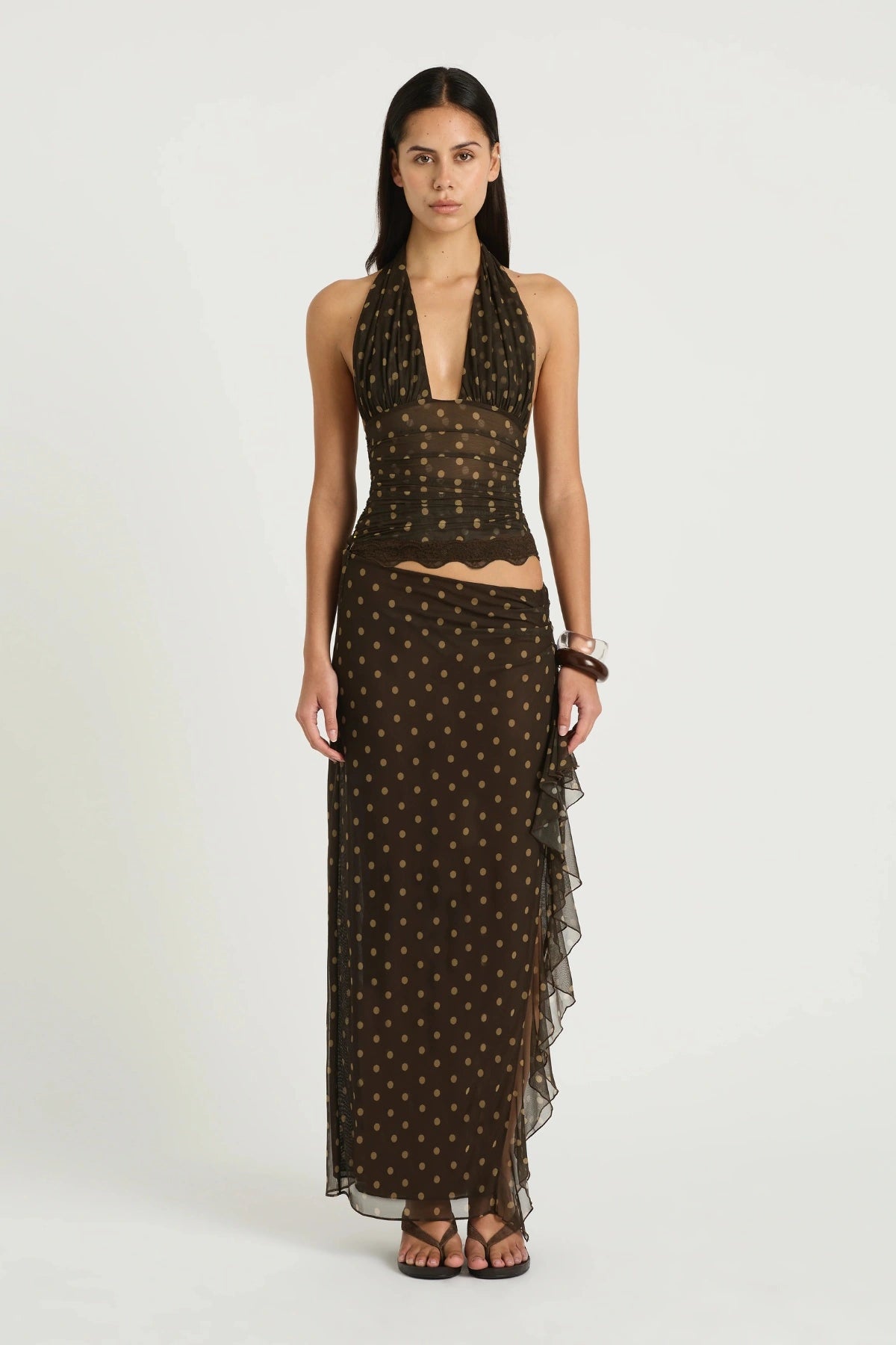 Penelope Maxi Dress by Benni — a stretch mesh halter dress with a gathered waist and thigh-high split, perfect for elegant warm-weather events.