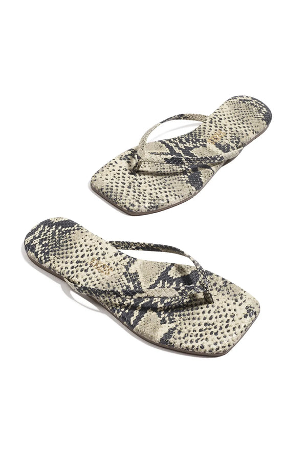 Tkees Square Toe Exotics Sandsnake sandal in soft washed denim with square toe and cushioned insole, handcrafted in Brazil.
