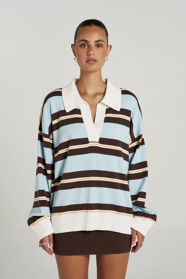 Stripe Long Sleeve Aperol Stripe by Summi Summi – organic cotton striped knit polo with relaxed fit and collar.