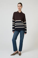 New Aroa Top Chocolate Stripe by Onte – relaxed striped polo knit in soft cotton Tencel blend with snap buttons.