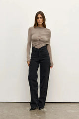 Ariya Bodysuit Grey Marle by Bayse, long sleeve bodysuit with asymmetric draping and sculpted fit.