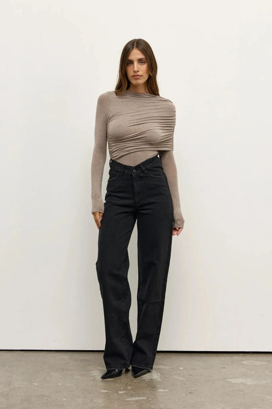 Ariya Bodysuit Grey Marle by Bayse, long sleeve bodysuit with asymmetric draping and sculpted fit.