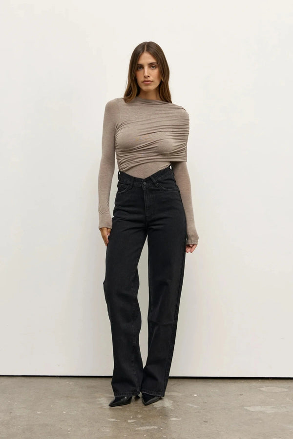 Ariya Bodysuit Grey Marle by Bayse, long sleeve bodysuit with asymmetric draping and sculpted fit.