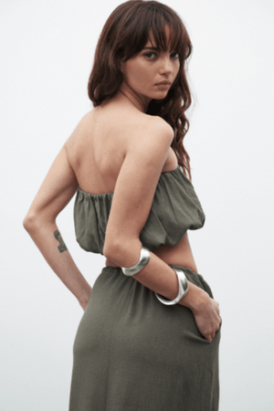 Juliana Top Slate by Bayse, gathered bubble design with elastic hems and structured boning, perfect for trendy viral summer looks and chic coordinated outfits.