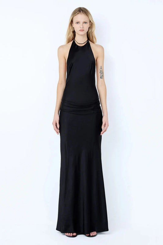 Quentin Racer Maxi Dress by Bec + Bridge, a sleek backless halter with rouleau trim and bias-cut skirt. Perfect for elegant evenings.