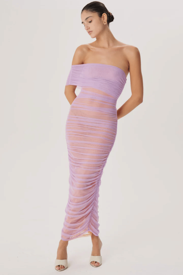 Lucia Dress Lavender Sherbert by Ronny Kobo – A strapless mesh dress with a figure-hugging fit and semi-sheer finish for sultry sophistication.