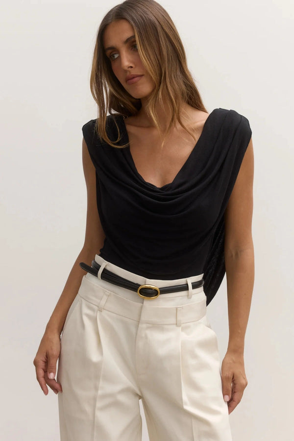 Bayse Flora Bodysuit in Shadow, a stretch-fit design with draped cowl neckline and matching low back detail.