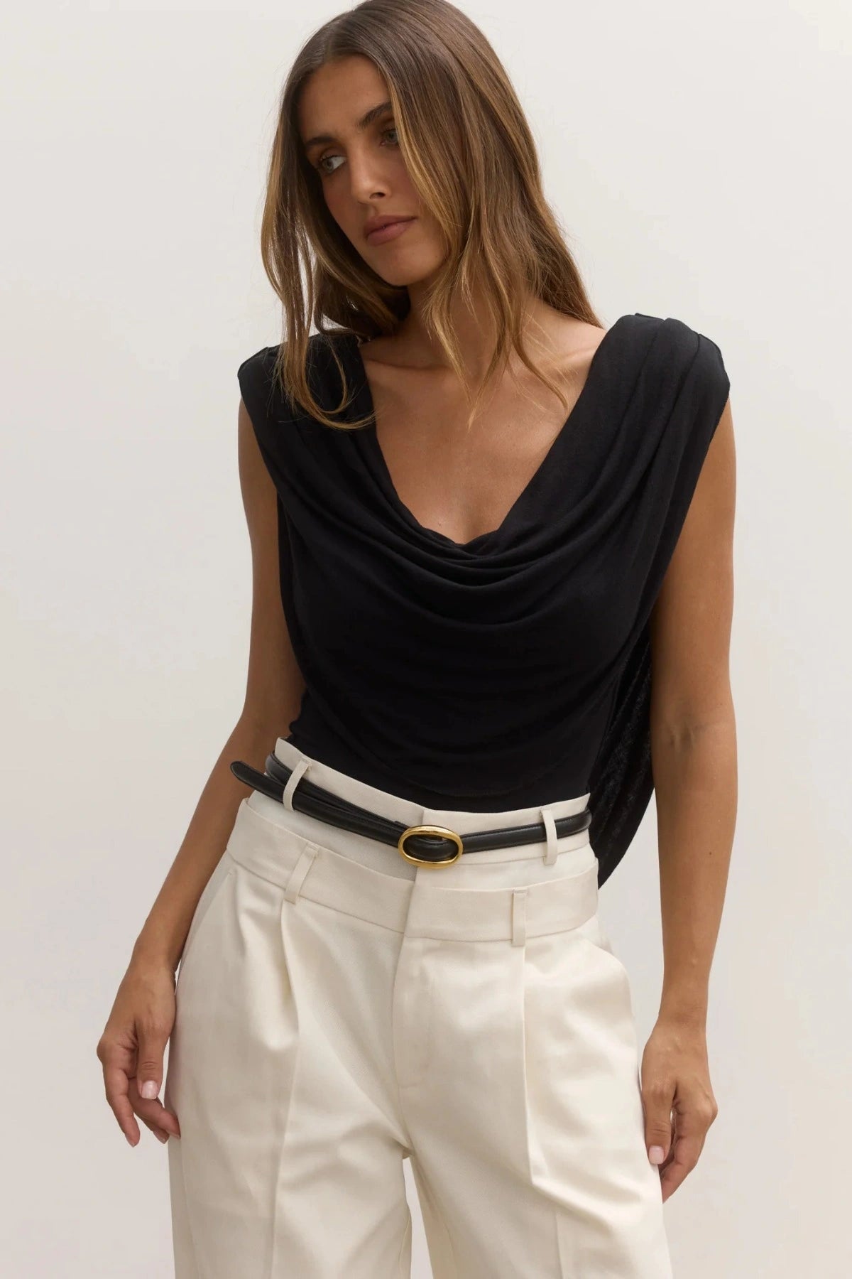 Bayse Flora Bodysuit in Shadow, a stretch-fit design with draped cowl neckline and matching low back detail.